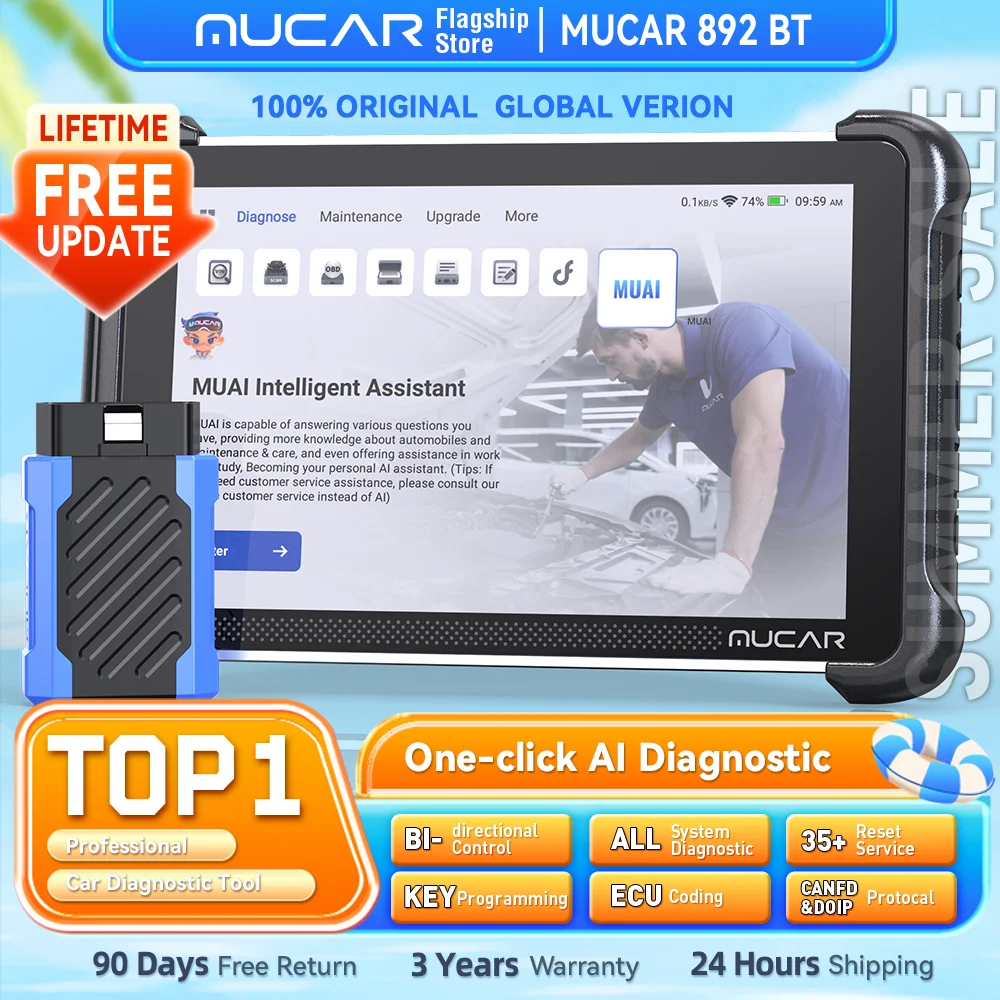 MUCAR 892BT AI 자동차 진단 도구 IMMO 키 프로그래밍 액티브 테스트 Obd2 스캐너 ECU 코딩 CANFD DOIP 35 리셋 라이프 프리