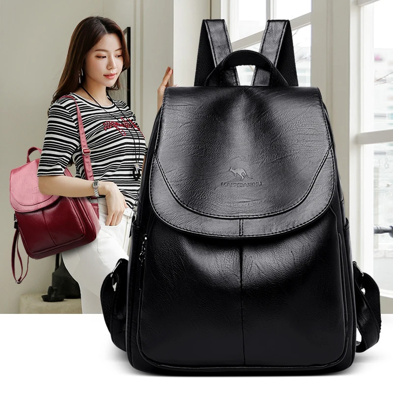 2023 NEW High Quality Soft Leather Women Backpacks Retro Solid Color Shoulder Bag Large Capacity Travel School Bag for Girls