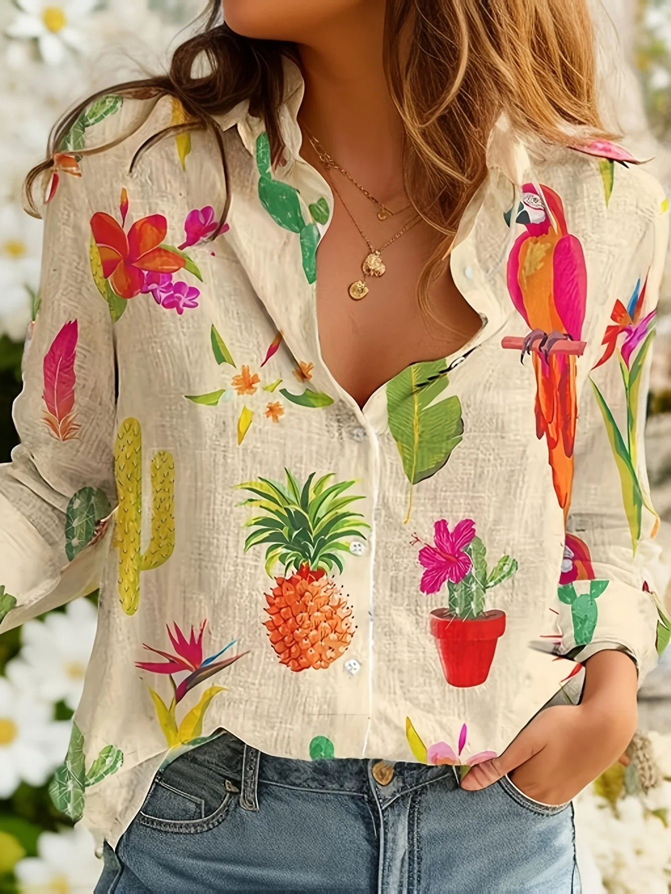 

Elegant Women'S Fashion New Single-Breasted Shirt Featuring Prints of Parrots, Pineapples, Cacti, And Feathers