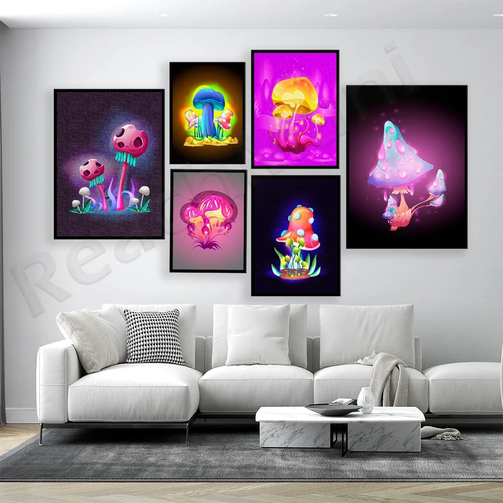 Trendy retro mushroom 70's, black violet blue mushroom, mushroom psychedelic art, hippie, boho, retro style aesthetic poster