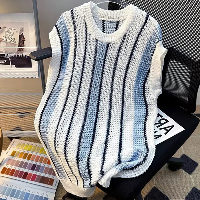 

Spring Autumn Men's O-Neck Stripe Sleeveless Sweater Knitwear Vest Loose Color Block Tanks Tops New Japanese Hip-Hop Streetwear