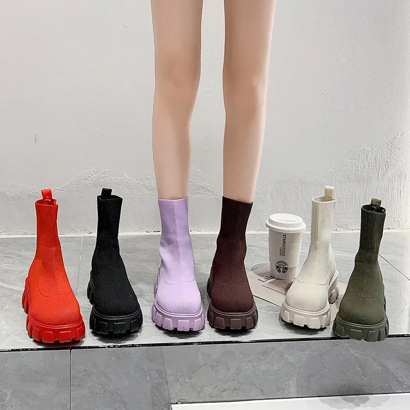 2022 Women Thick Soles Casual Large Red Knitted Ankle Boots Spring New Women\'s Socks Boots Ladies Botas De Mujer Shoes Female