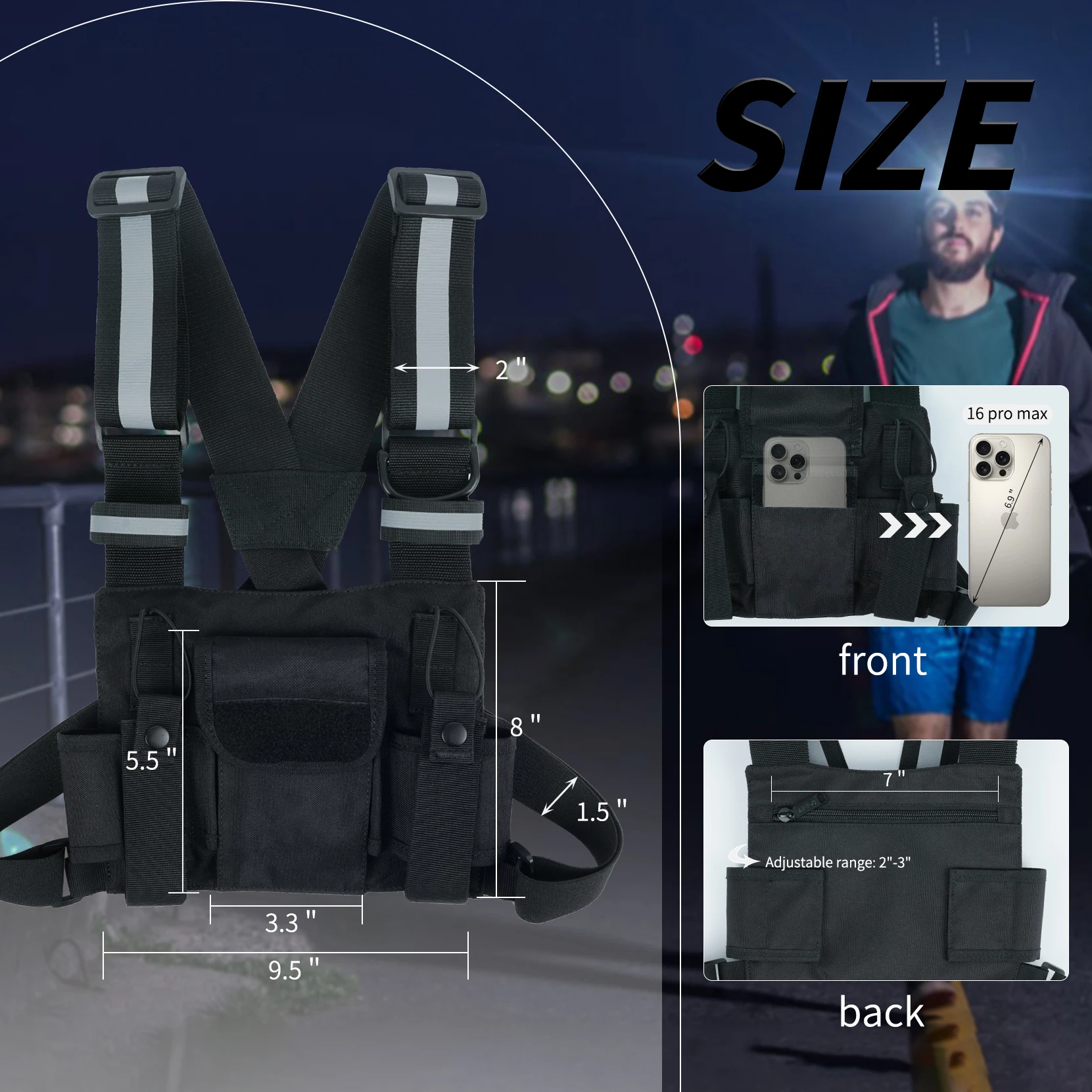 KUNN Radio Harness dengan Tali Reflektif, Micro Rig Harness Chest Pack Rompi Taktis Tas Sarung Radio