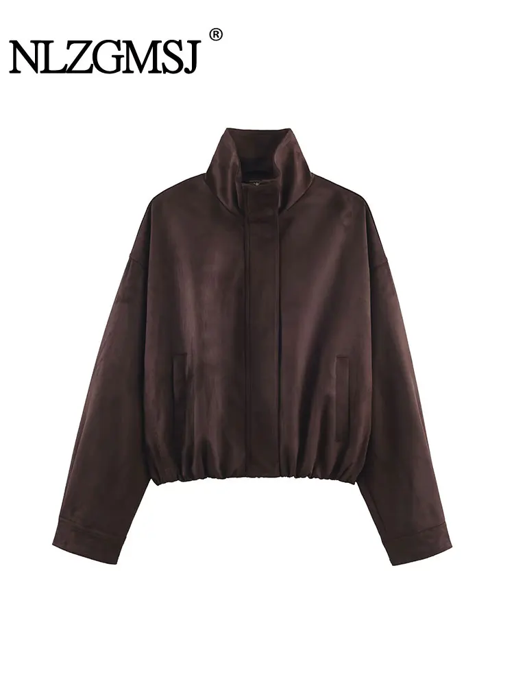 

NLZGMSJ женское свободное пальто, осень 2022, с длинным рукавом, эластичный подол, молния, искусственная замша, куртка-бомбер, женский укороченный топ