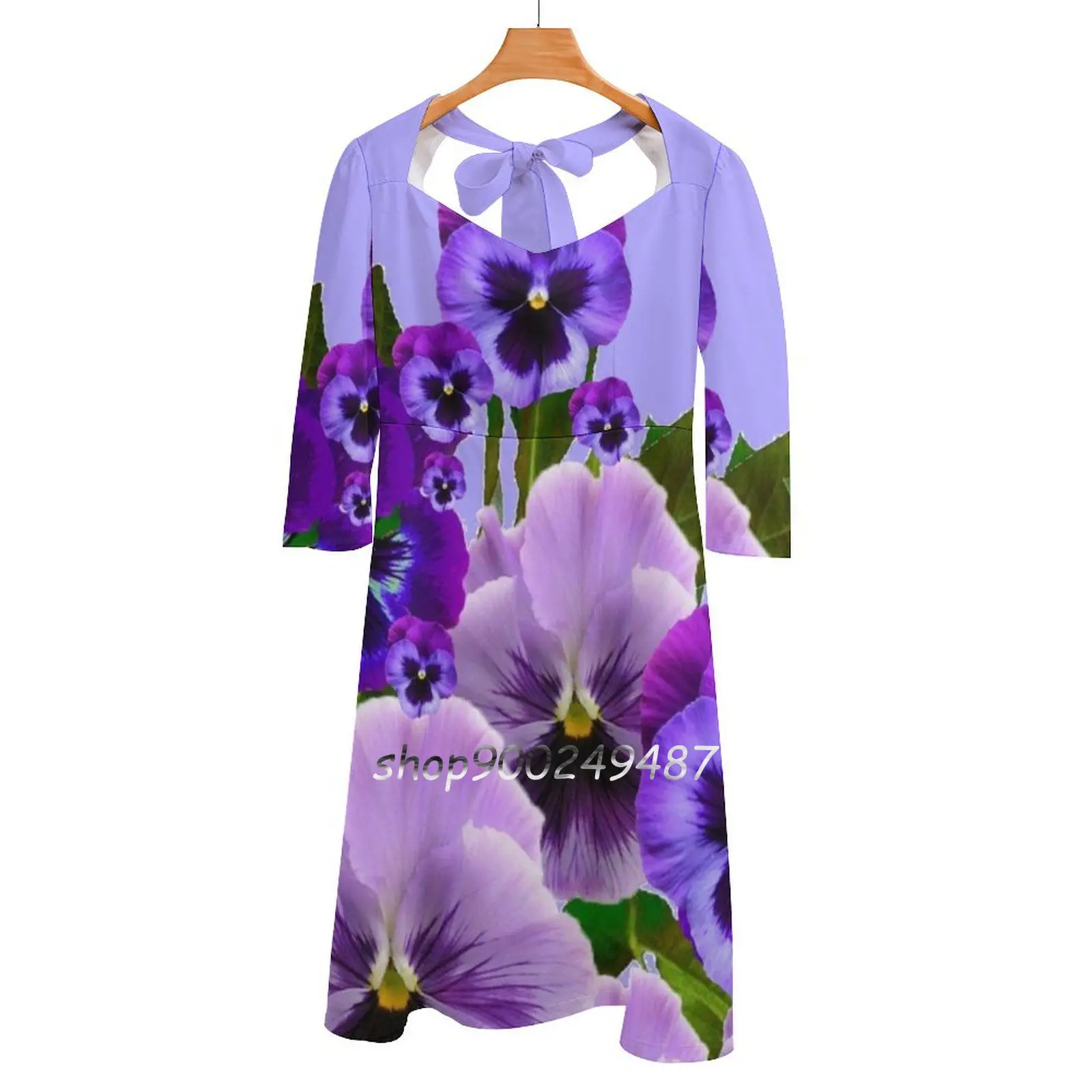 

Spring Purple Pansy Flowers Flare Dress Square Neck Dress Elegant Female Fashion Printed Dress Springart Purple Art Pansy Art