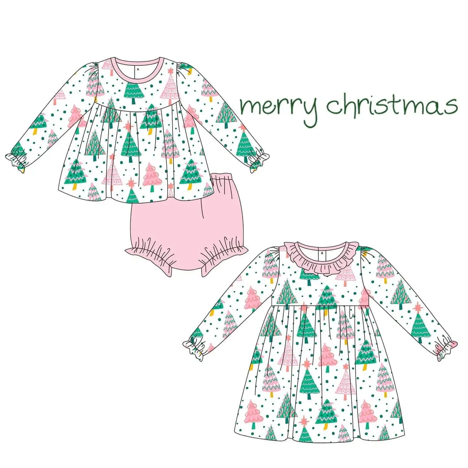 

Christmas boutique children's set long-sleeved elasticated Christmas tree print shorts elasticated girl set baby girl dress