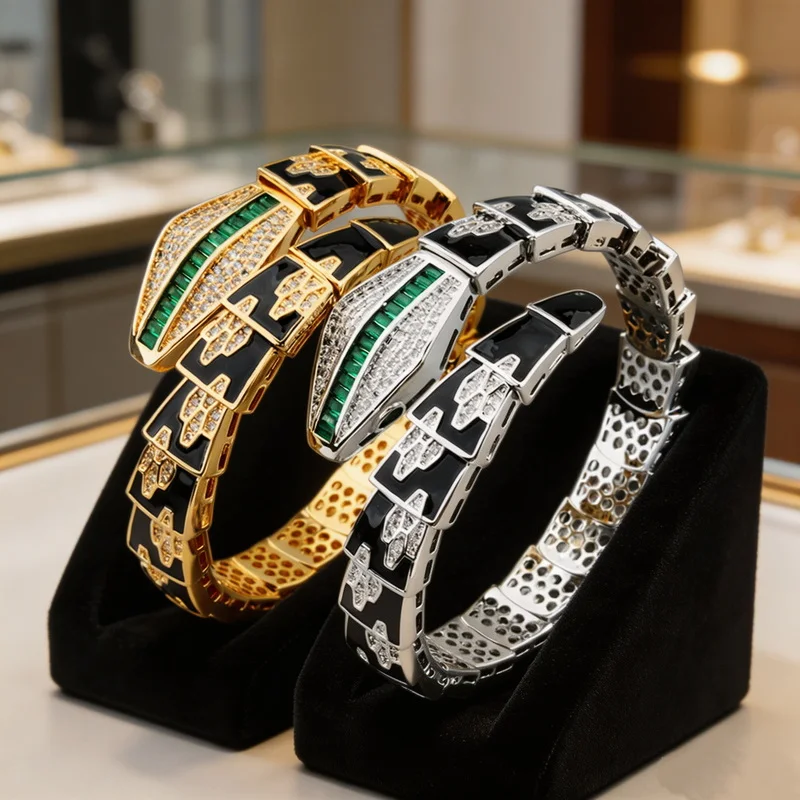 Vintage Fashion Style Bracelet Women Men Inlaid Green Cubic Zircon Black Glaze Snake Serpent Open Bangle Party Jewelry