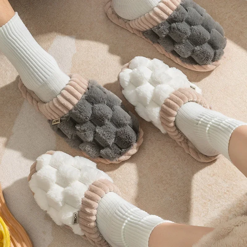 Fashion Couple Winter Toe Wrap Warm Plaid Cotton Slippers Thick Soft Sole Slides Men Women Indoor Floor Flat Home Non-slip Shoes view 2