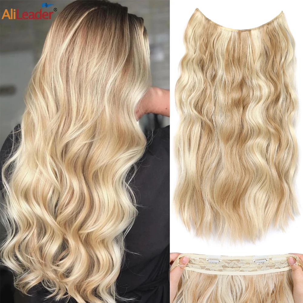 Synthetic 20Inch Two Clips Fish Line Hair Extensions Ombre Black Blonde One Piece Long Wave Invisible Wire False Fake Hair Piece