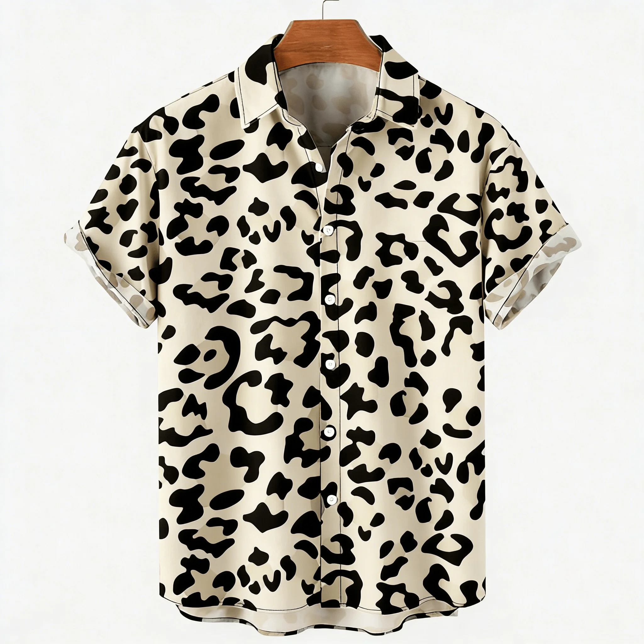 Men's Grey Leopard Print Short Sleeve Shirt, All Over Black Spot Pattern Button Down for Spring Summer Casual