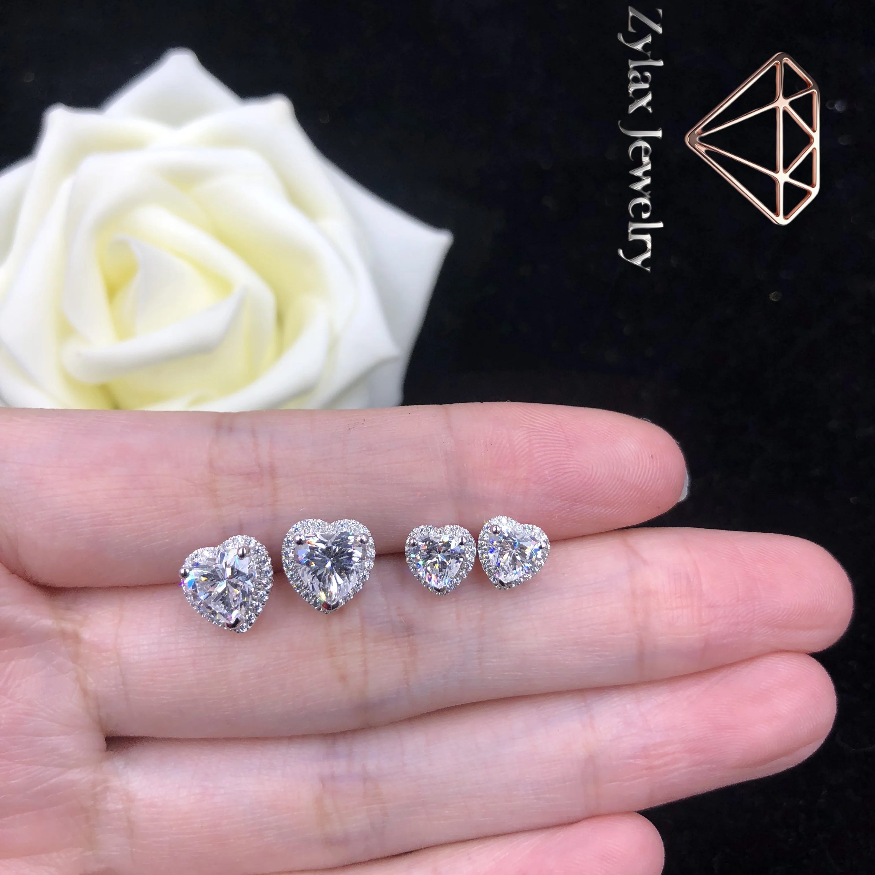 

Zylax Jewelry 0.5-1-2Ctw 5.0-6.5-8.0 mm each Heart Cut D Color Moissanite Women Earrings 18K White Gold Engagement Fine Jewelry