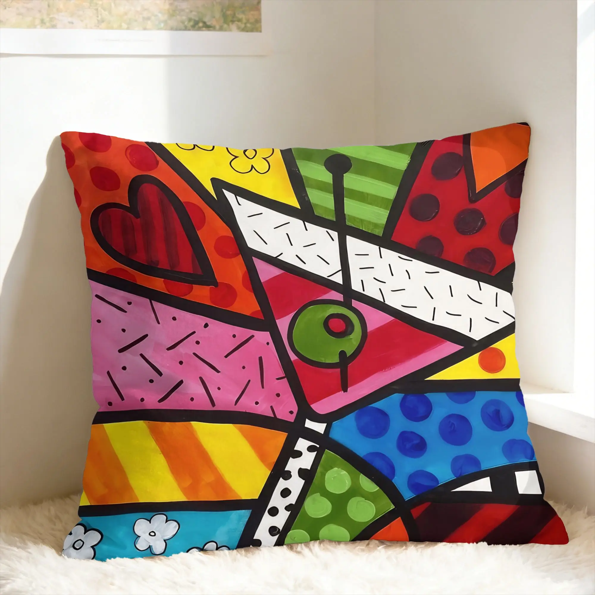 Pillow Case B-BrittoES Happy Art Print  Pillow Cover For Sofa Home Decoration Kawaii Pillowcases