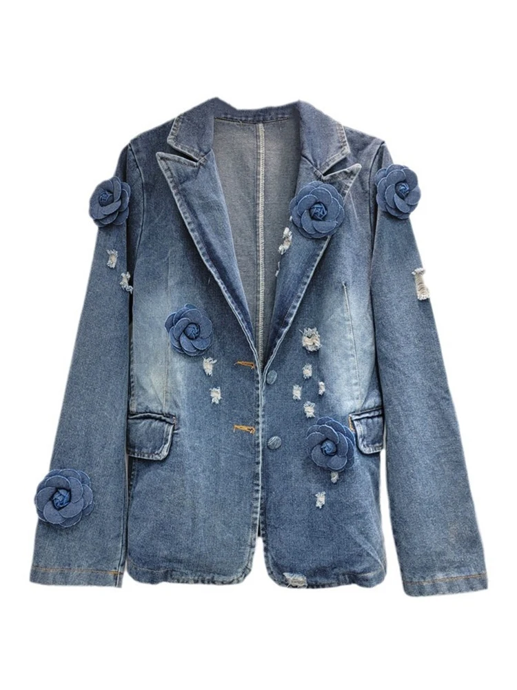 DEAT Fashion Vintage Women's Spliced Flower Denim Blazer Coat 2024 Autumn Trendy Lapel Long Sleeve Loose Jacket Female 11A0420