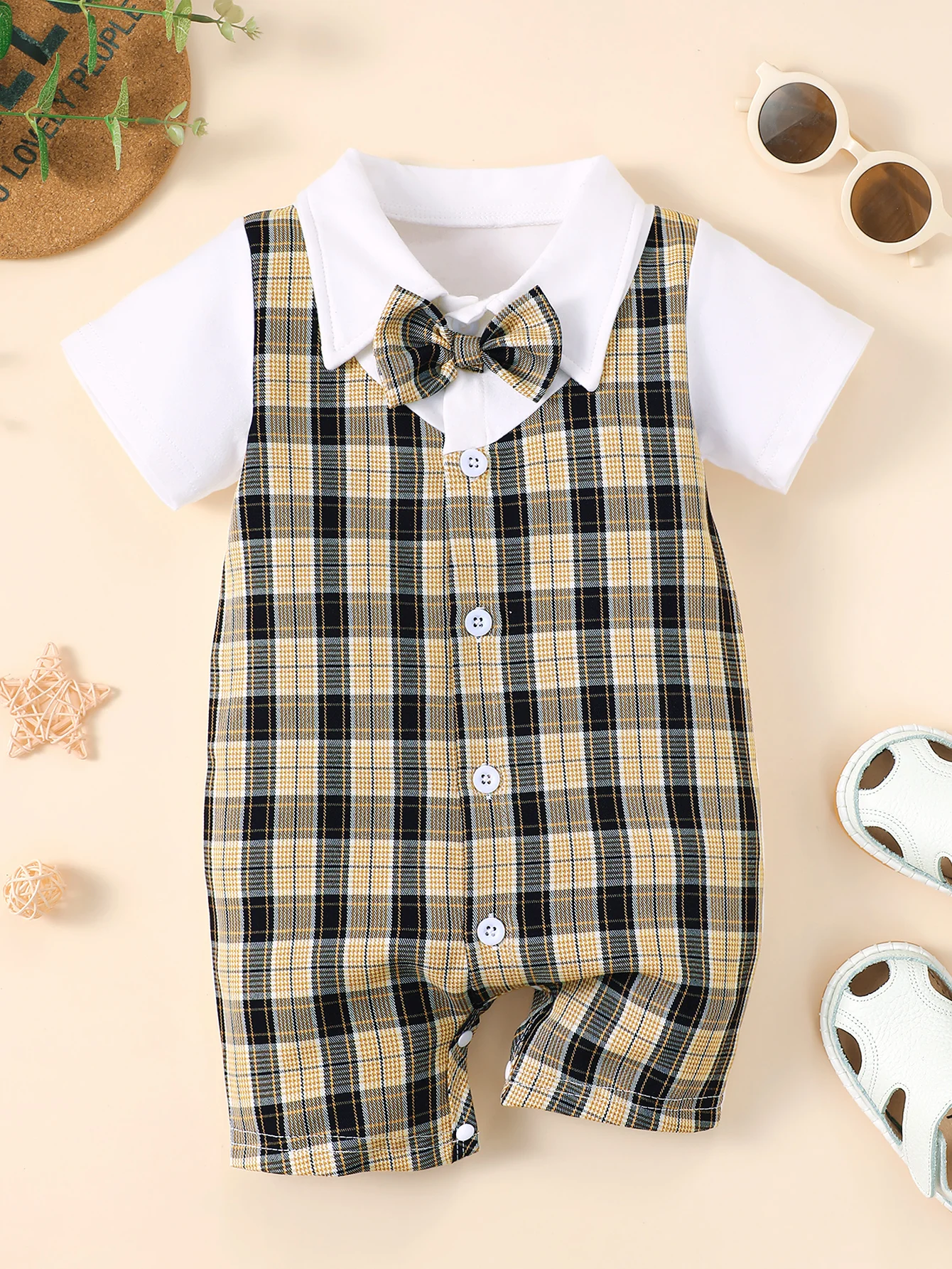 Summer  0-1  Years  Old  Infant  Baby  Boys Short-sleeved Grid  Casual  Jumpsuit