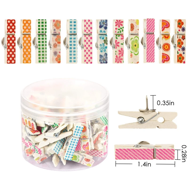 Push Pins With Wooden Clips, 50Pcs Thumbtacks Pushpins Paper Clips Clothespins For Cork Boards Notes Photos Display Wall