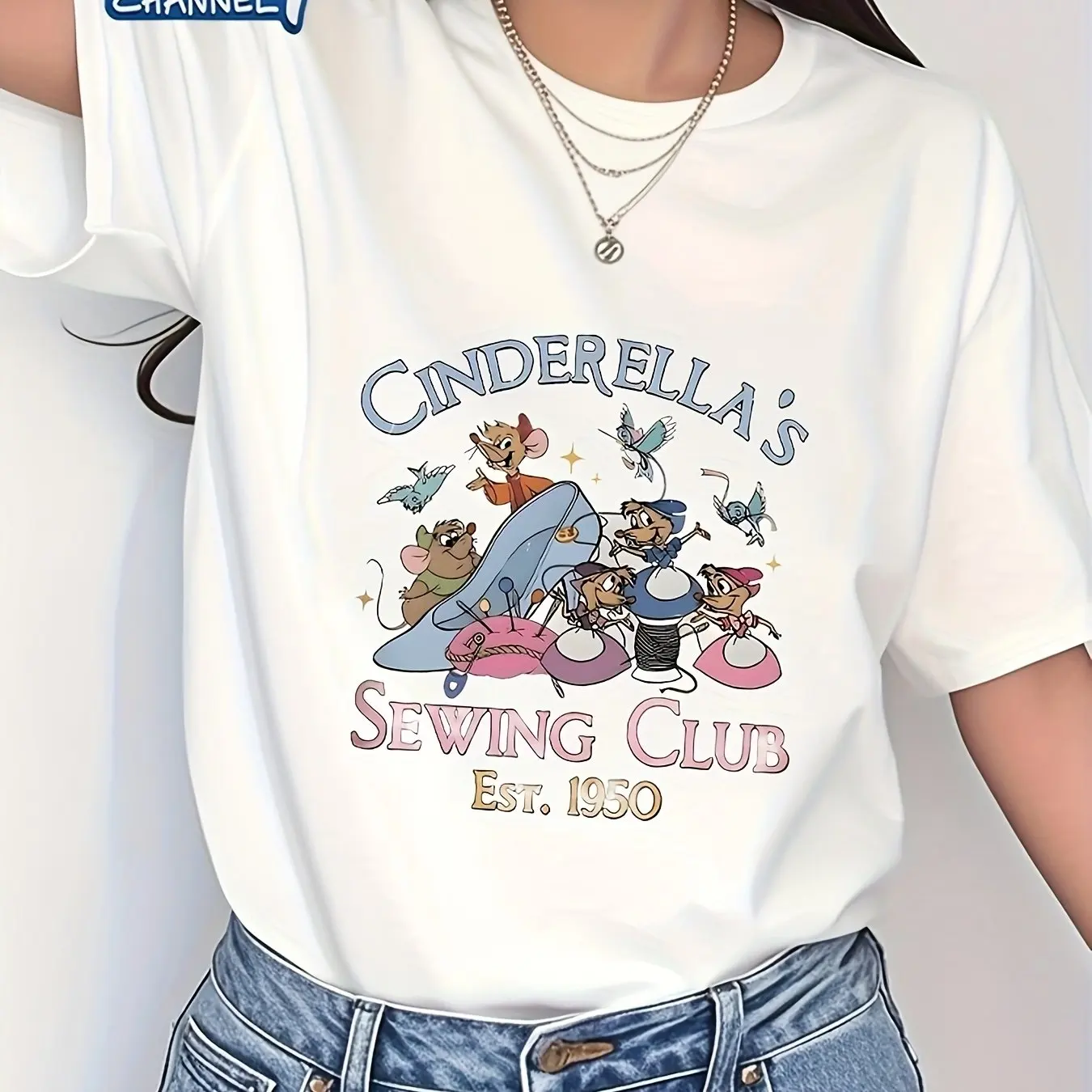 

Disney Cinderella Sewing Club 1950 Retro Pattern T-shirt - White Nostalgic Disney Theme with Sewing Mouse and Butterfly Design