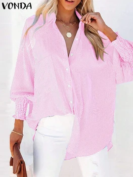 PLUS ขนาด VONDA ผู้หญิงลายเสื้อ 2024 ลําลองคอปกเสื้อ Elegant โคมไฟเสื้อแขนยาว Blusas