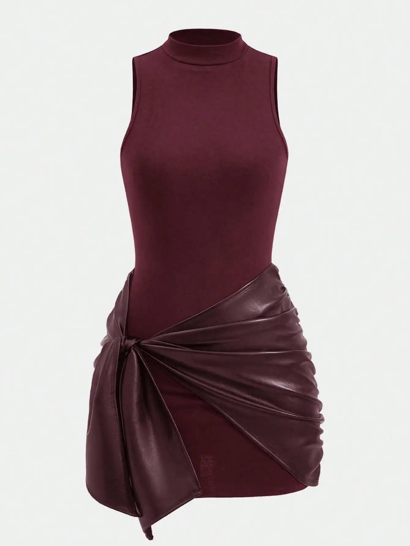 

Бордовое мини-платье без рукавов с высоким воротником и завязкой из искусственной кожи