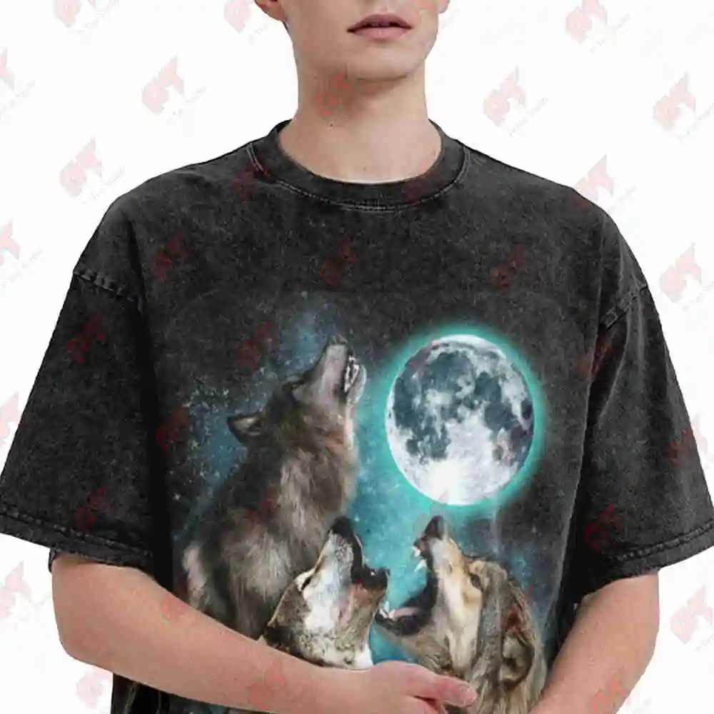 3 Wolf Moon Howling Funny Vintage Washed Tee Pure Cotton T-Shirt