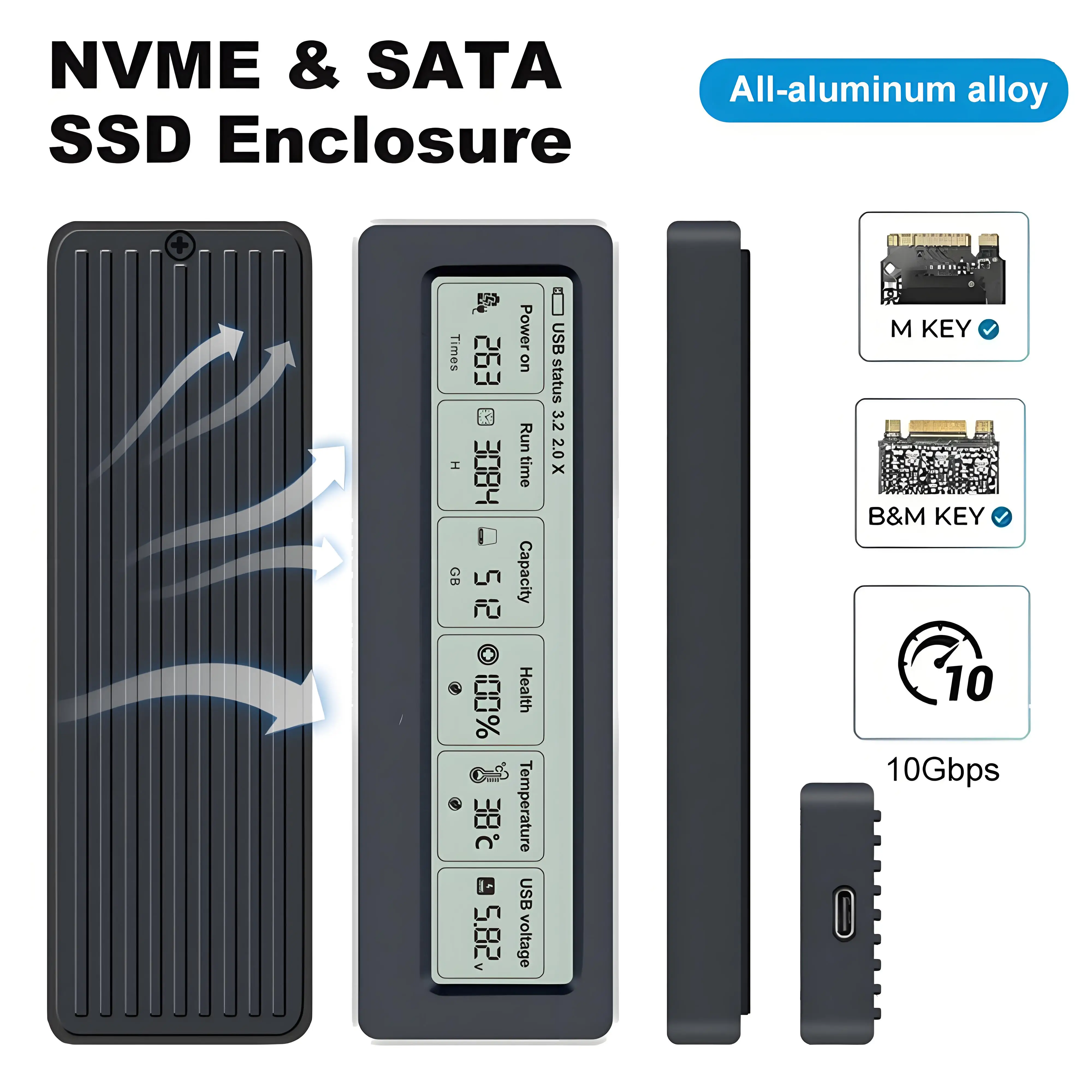 حافظة M.2 SSD NVMe SATA SSD الضميمة محول سبائك الألومنيوم بالكامل 10Gbps USB 3.2 Gen2 USB C الضميمة الخارجية مع شاشة العرض #1