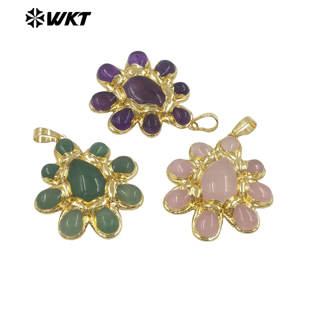 WT-P2085 Exclusive Charms Back Full Gold Plated Various Natural Gemstones Flower Big Pendants For Elegant Necklace Making