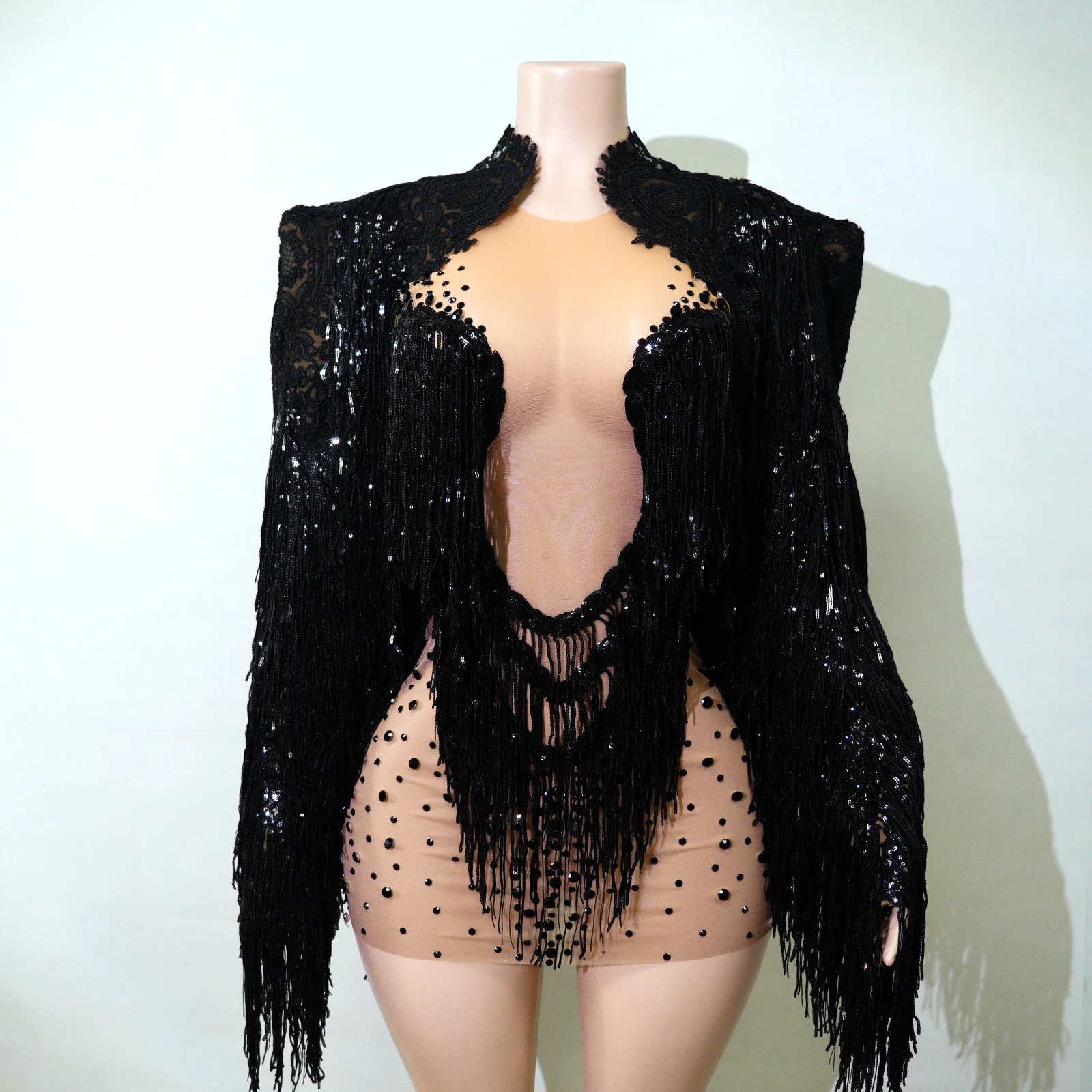 

Sexy Mesh See Through Rhinestones 2PCS Skirt Coat Sets Women Sparkly Tassels Jacket Performance Singer Dancer Show Girl Stage