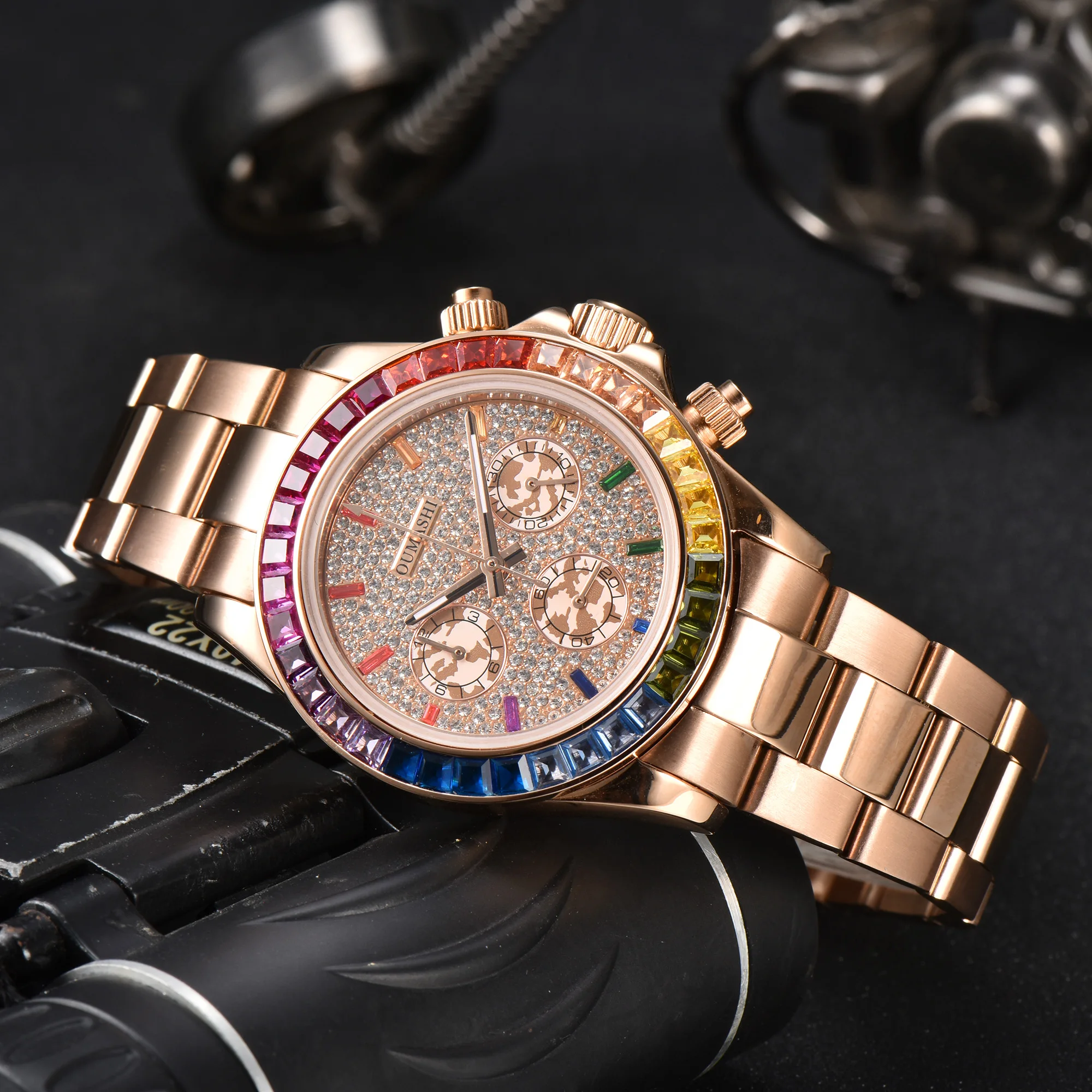 DTN series watch OUMASHI rose gold series diamond dial, rainbow crystal scale, sapphire glass waterproof VK63 chronograph