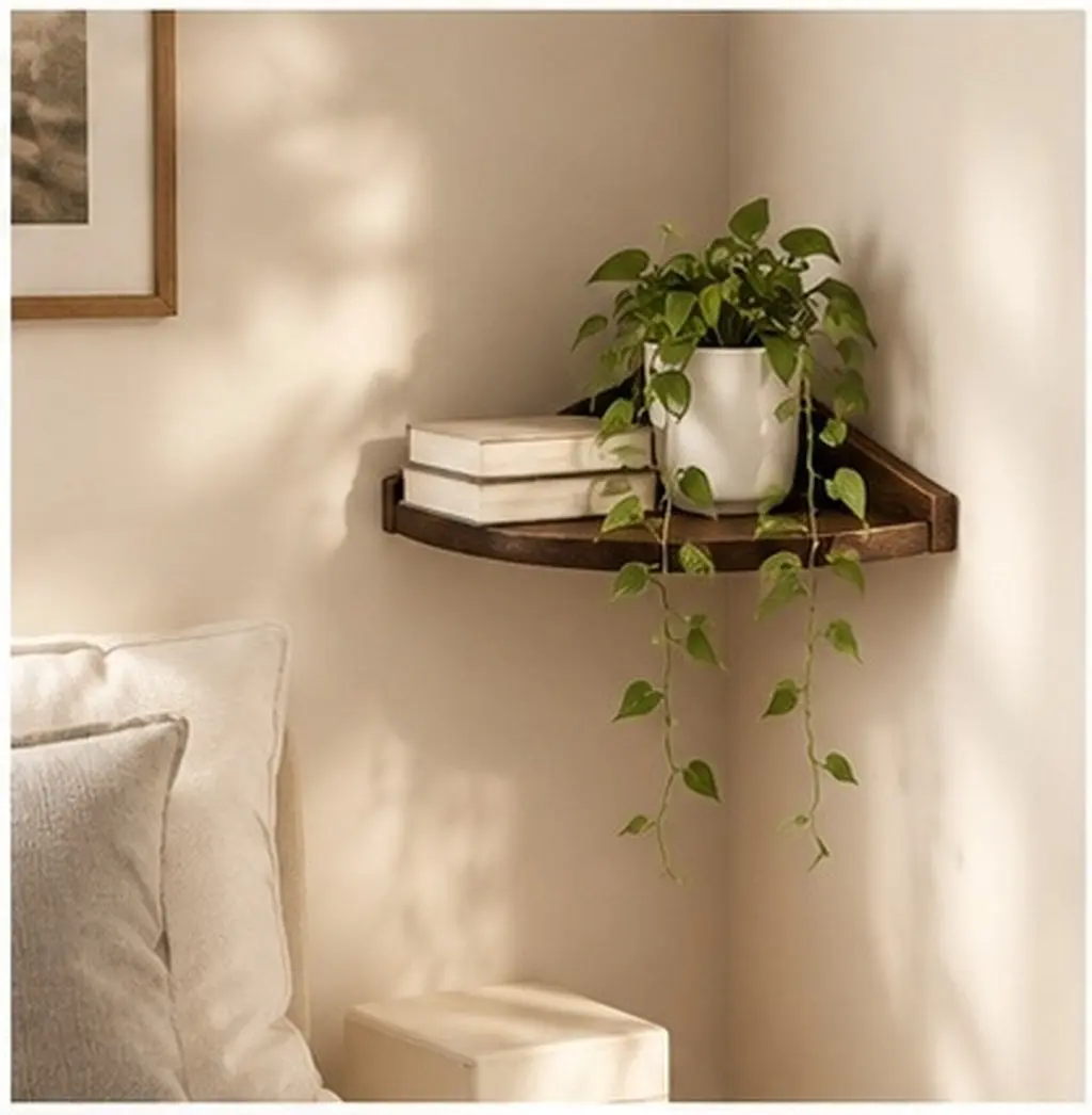 Triangular Rustic Wooden Floating Shelf Wall Mounted Corner Storage Rack Smooth Surface Lightweight for Kitchen Bathroom Living