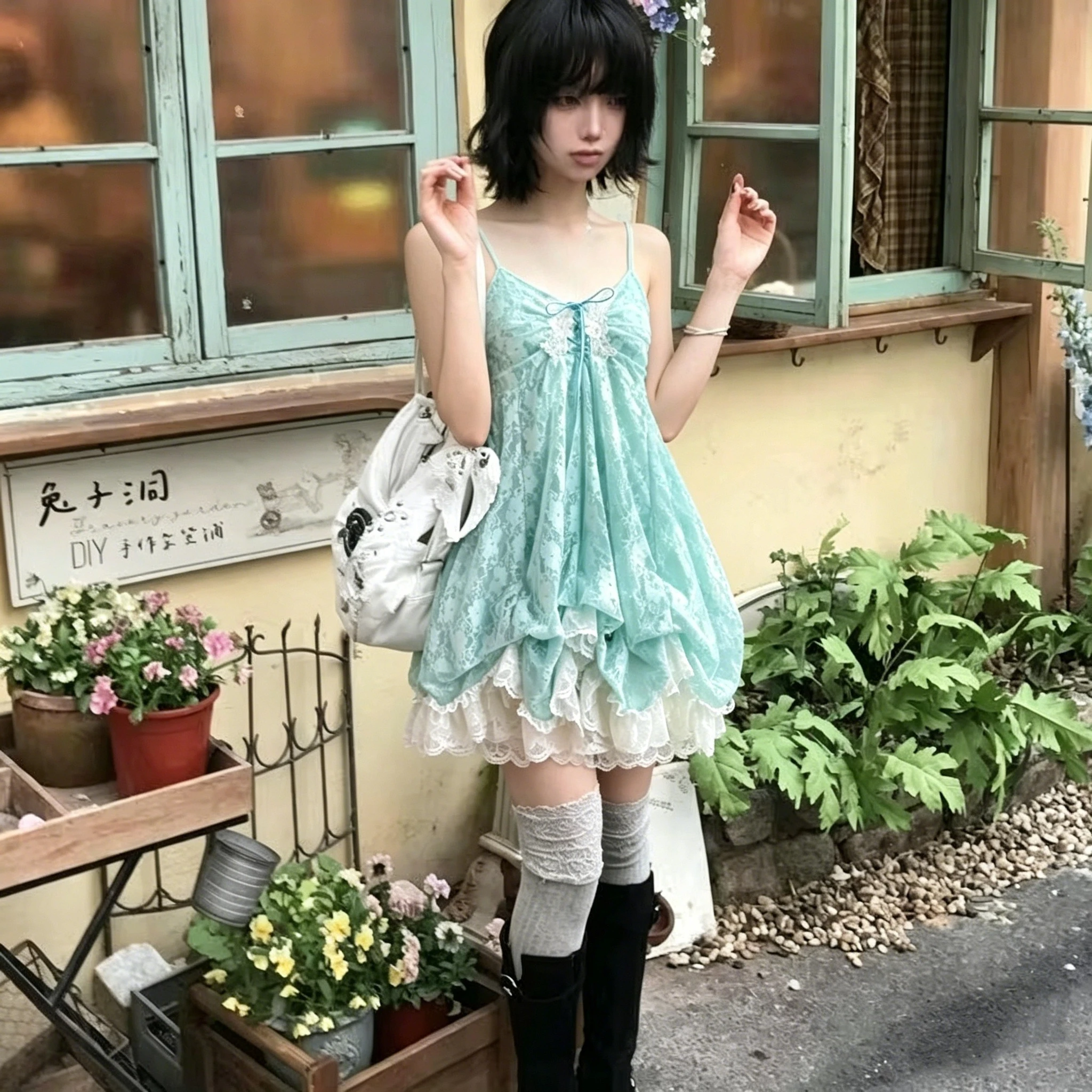 

Summer Japanese Style Lolita Kawaii Dress Women Vintage Sweet Lace Bow Ruffles Cake Dresses Harajuku Y2k Slim Bandage Dress New