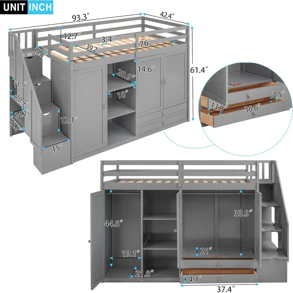 Twin Loft Bed with Stairs, 2 Drawers and 3 Shelves, Twin Size Loft Bed Frame with Wardrobe, No Box Spring Needed