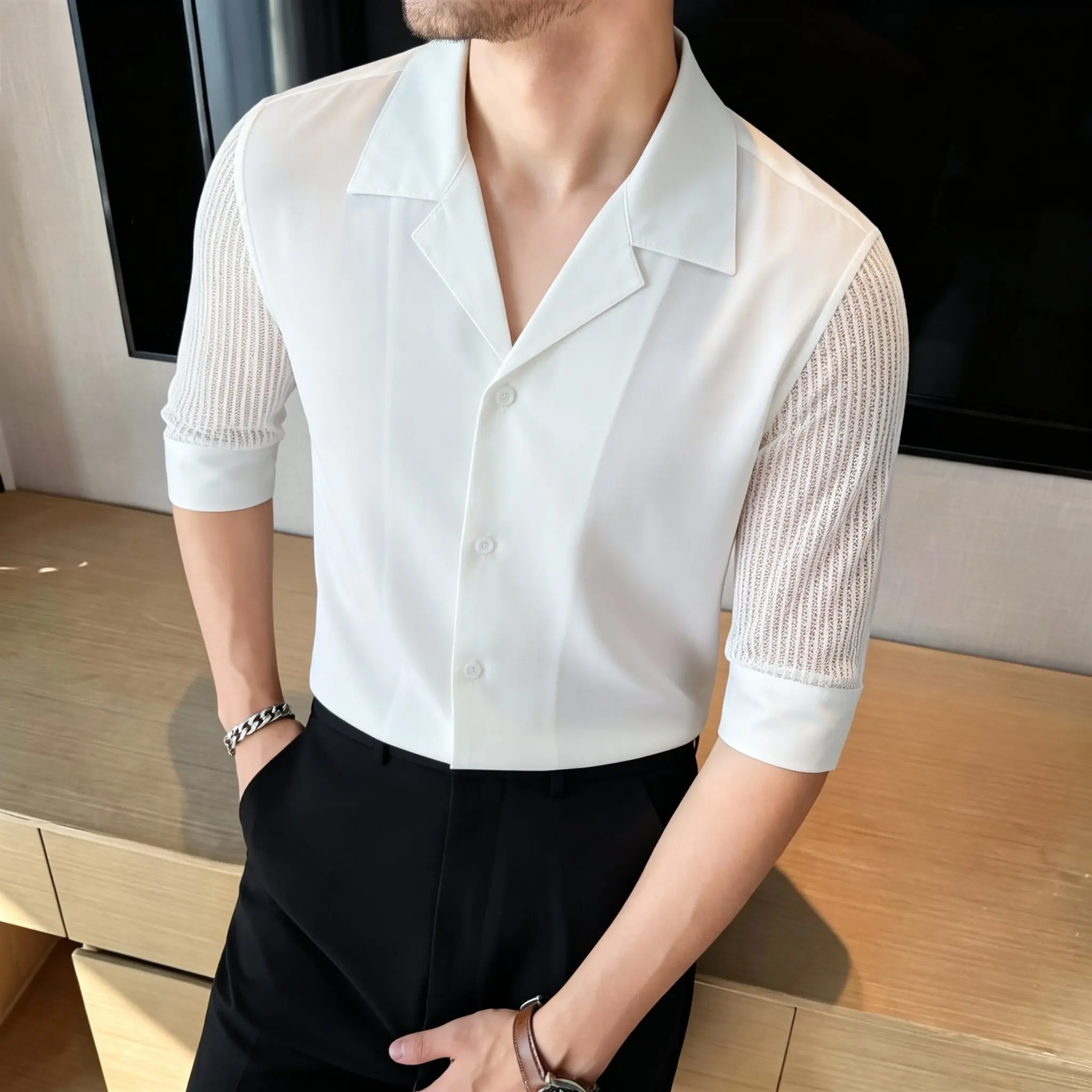 Men's Summer Lace Sleeve Patchwork Fashion Mid Sleeve Shirt, High-quality Business Casual Social Tailcoat, Men's Clothing