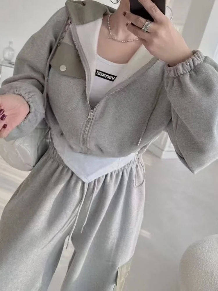 

Women's Hoodie Jacket Zipper Loose Shorts Set Casual Style High Waist Long Pants Multiple Pockets Short Length Autumn Wear