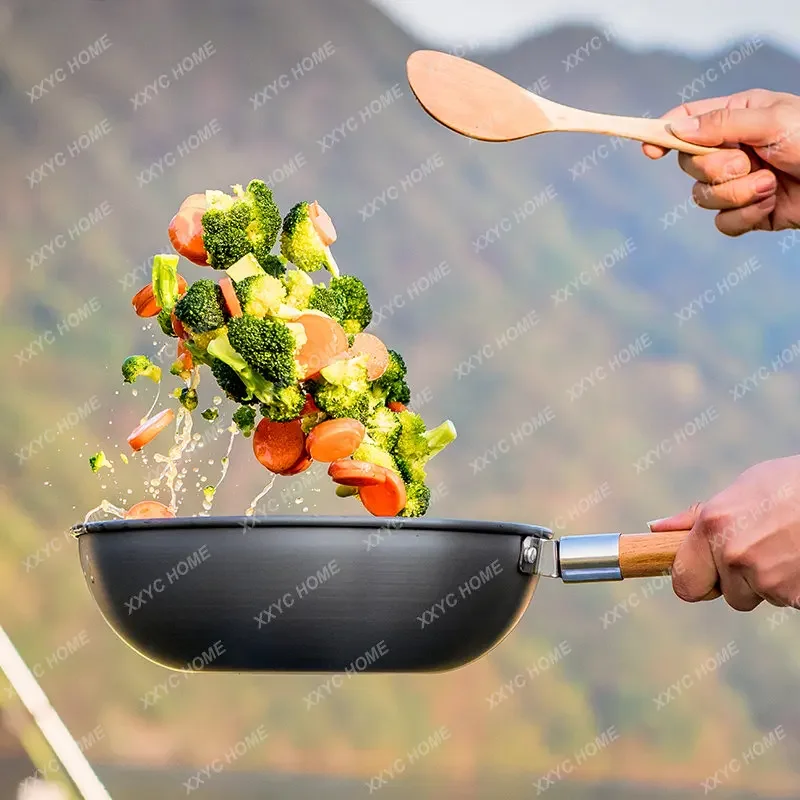 Chinese Wok plus Non-Stick Outdoor Camping Single Pot Handle Portable Removable Camping Wok