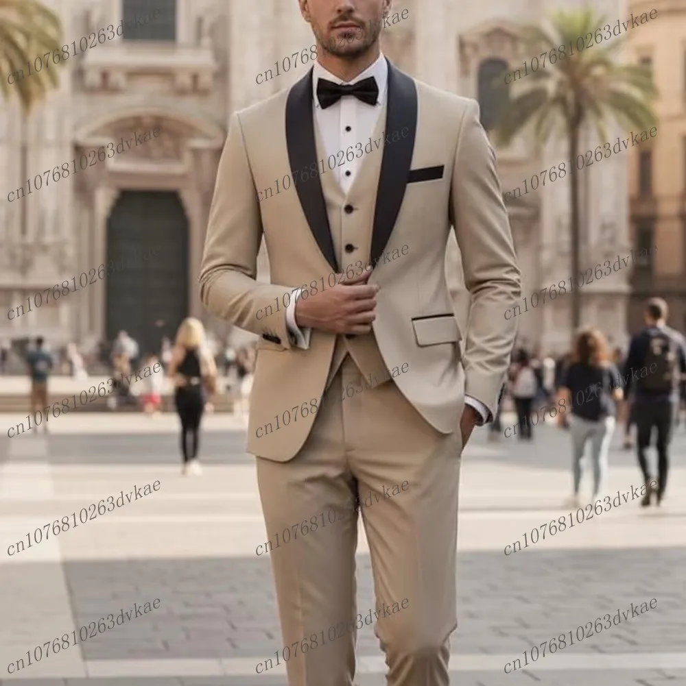 

Black Collar Beige Formal Men Suit Wedding Party Groom Groomsman Prom Business Male Tuxedos 3 Piece Set Jacket Vest Pants