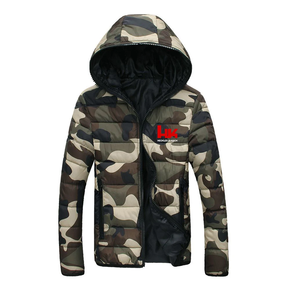 

2025 Slim Zipper Hoodies Autumn And Winter Thicken Windproof Coat Man's Heckler Koch Hk Logo Print Hooded Cotton-Padded Jacket