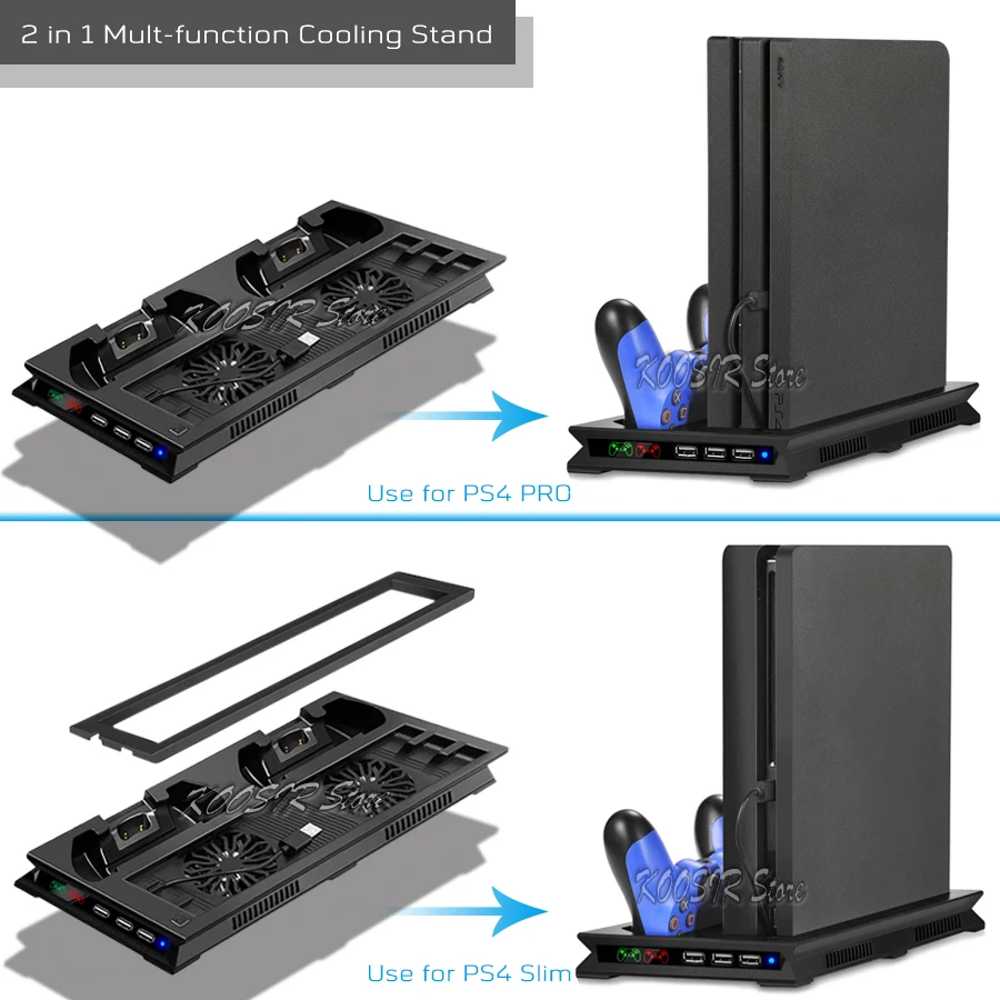 PS4 PRO SLIM Game Console Vertical Cooling Fan Stand 2 Gamepad LED Charging Station 3 HUB For Sony Playstation PS 4 Accessories