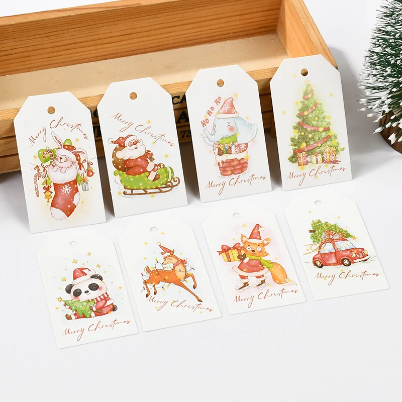 50pcs Merry Christmas Tags Scallop Shape Kraft Paper Card Gift Tag Santa Claus Pattern Xmas Tree Hanging Decor Festival Supplies