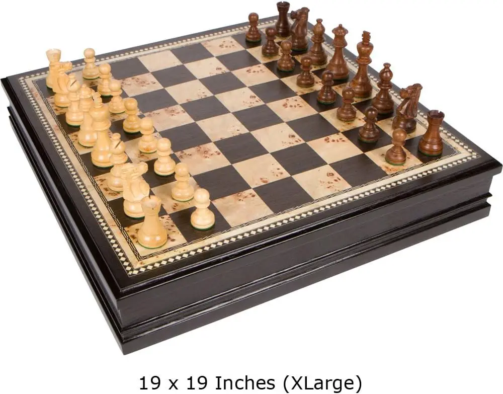 Chess Inlaid Burl Wood Board Game with Weighted Wooden Pieces, Extra Large 19 x 19 Inch Set