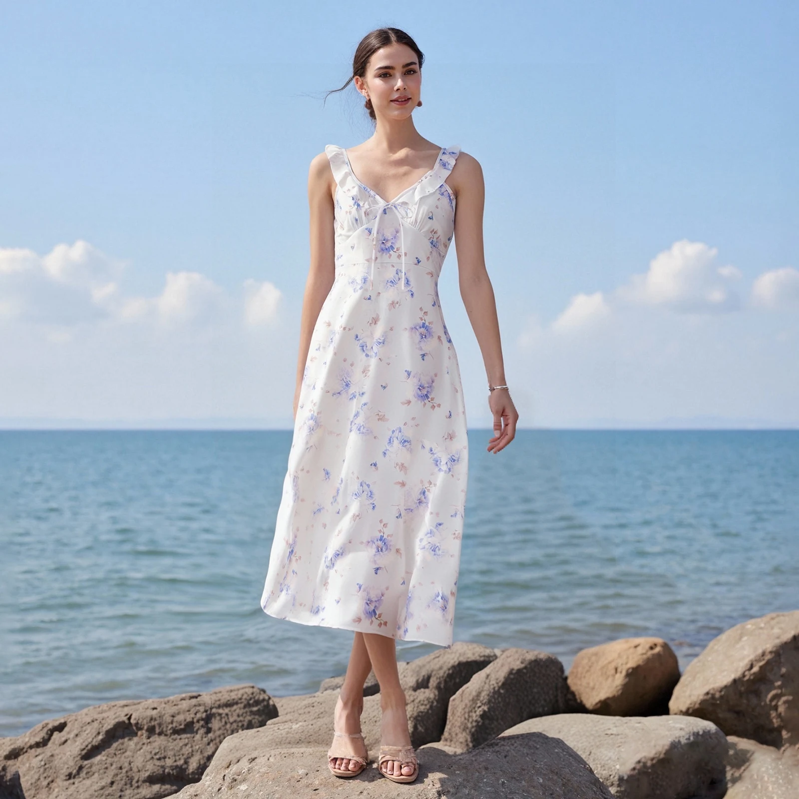 ฤดูร้อนเซ็กซี่ดอกไม้พิมพ์ชุดตัดต่ําสําหรับผู้หญิงแขนกุดBackless Tie-Upด้านหน้ามินิเดรสBoho Beach Lady vestidos