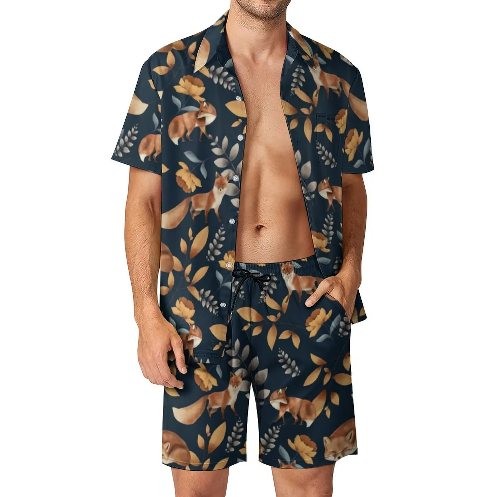 Conjunto de pantalones cortos con estampado Floral para hombre, ropa de playa informal moderna con estampado de zorro y Animal salvaje, traje de moda de verano de manga corta de gran tamaño