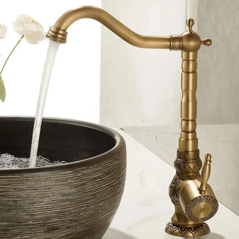 Antique Brass Basin Faucet Deck Mounted Wash Sink Tap Single Handle Mixer with Carved Hot & Cold Water Crane for Bathroom