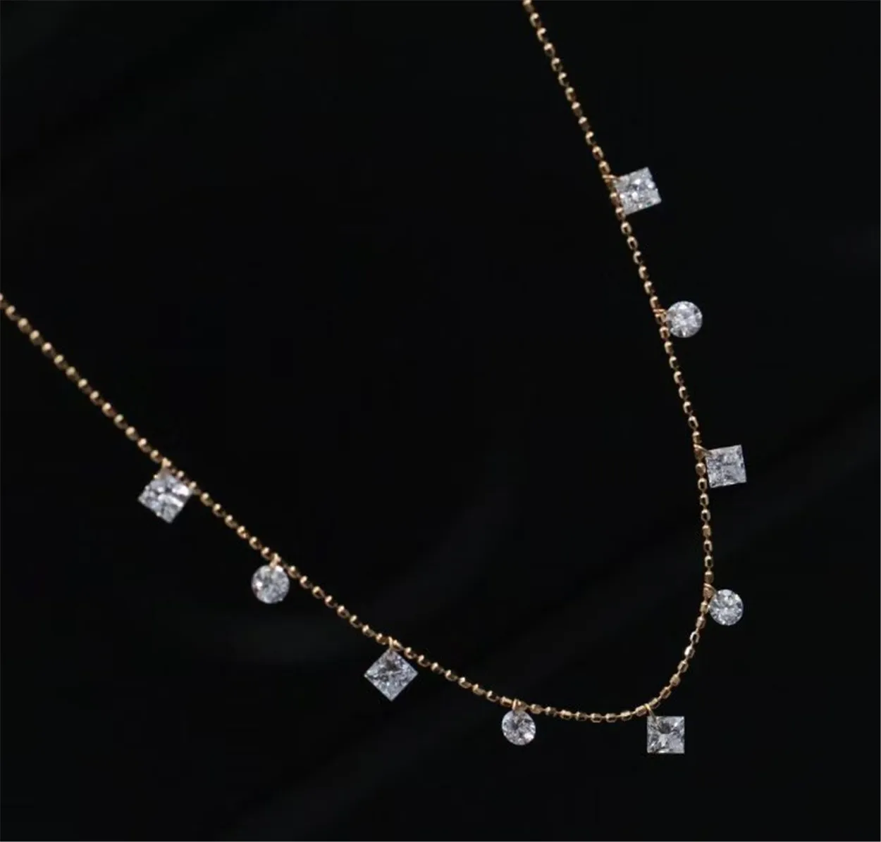 18K gold lab-grown diamond necklace, water droplet and round with drilled holes and clawless setting, custom-designed jewelry view 5