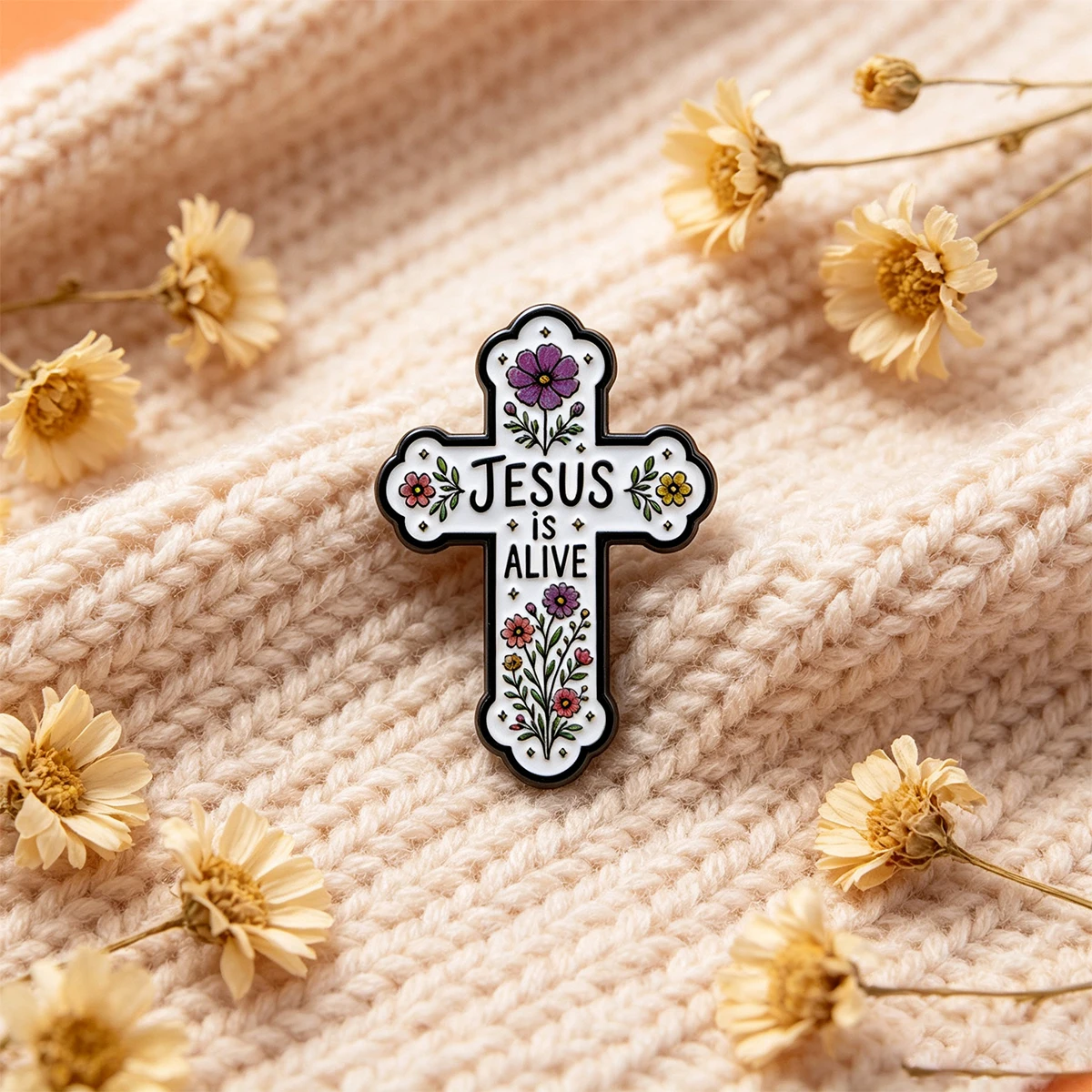 9 Stück Blumenkreuz-Emaille-Anstecknadeln „Jesus ist lebendig“ Zitate Reversnadel Religiöses Glaubensabzeichen für Kleidung Rucksack Dekoration Geschenk – Detail 4