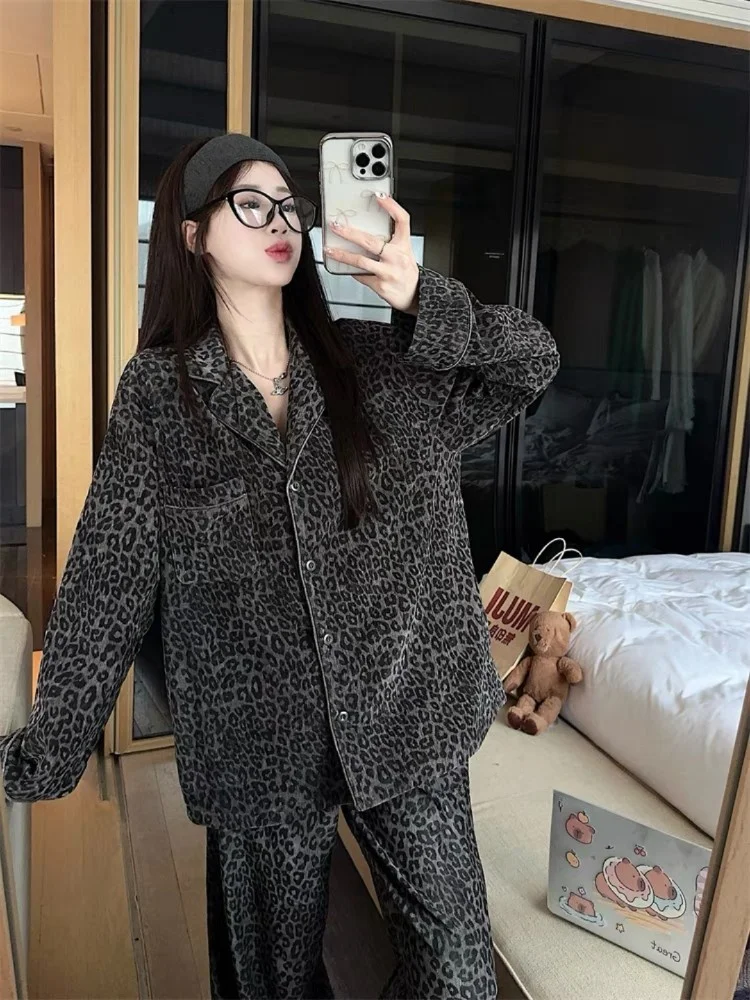 

Зимний комплект одежды Thiened Fce Lined Long Sve с леопардовым принтом Sweet Sle, домашняя одежда для женщин, молодежный хлопок, полиэстер