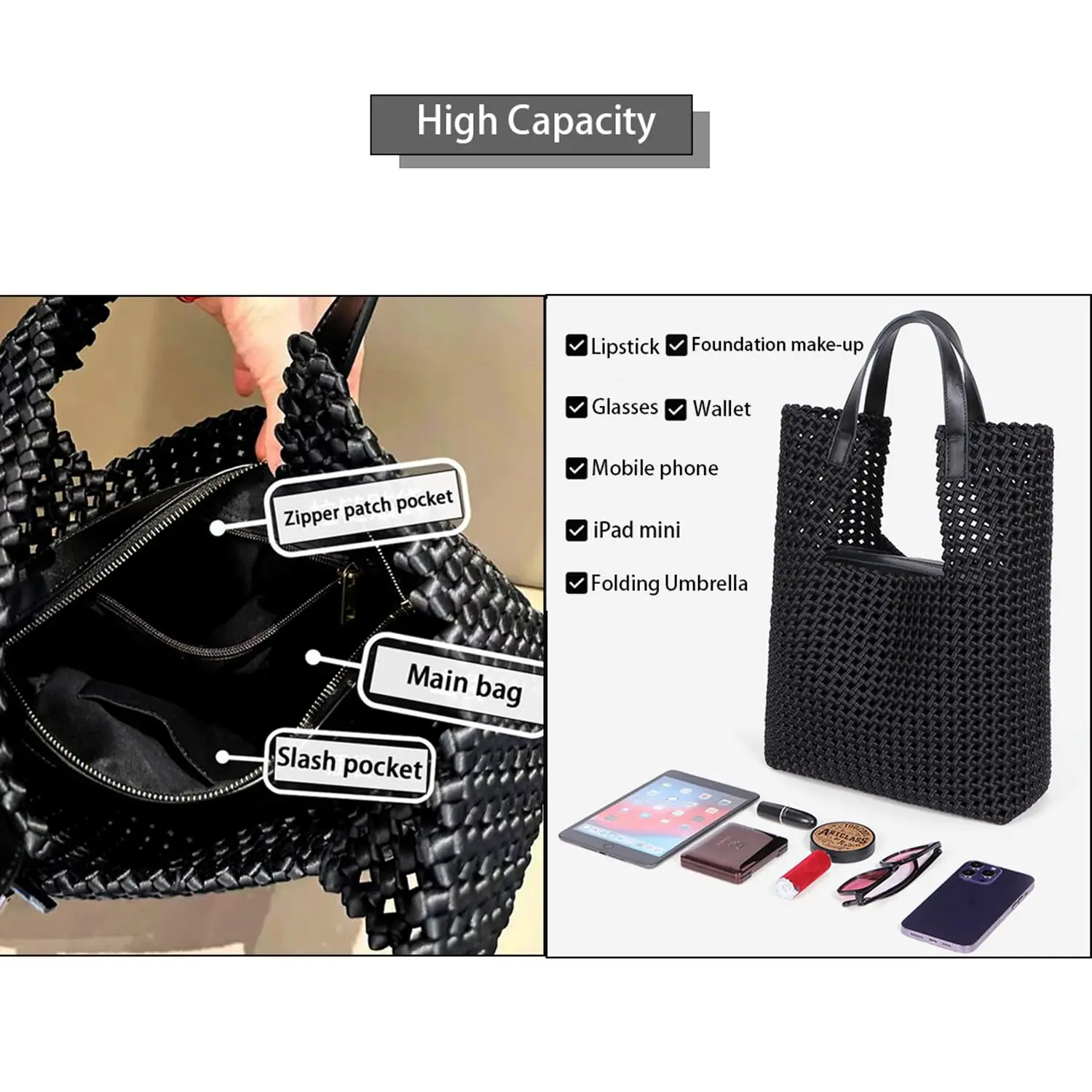 MABULA 2 Pcs Set Leather Woven Tote Bag for Women Hollow Out Design Plaited Female Handbag Shoulder Shopper Bag Clutch Purse