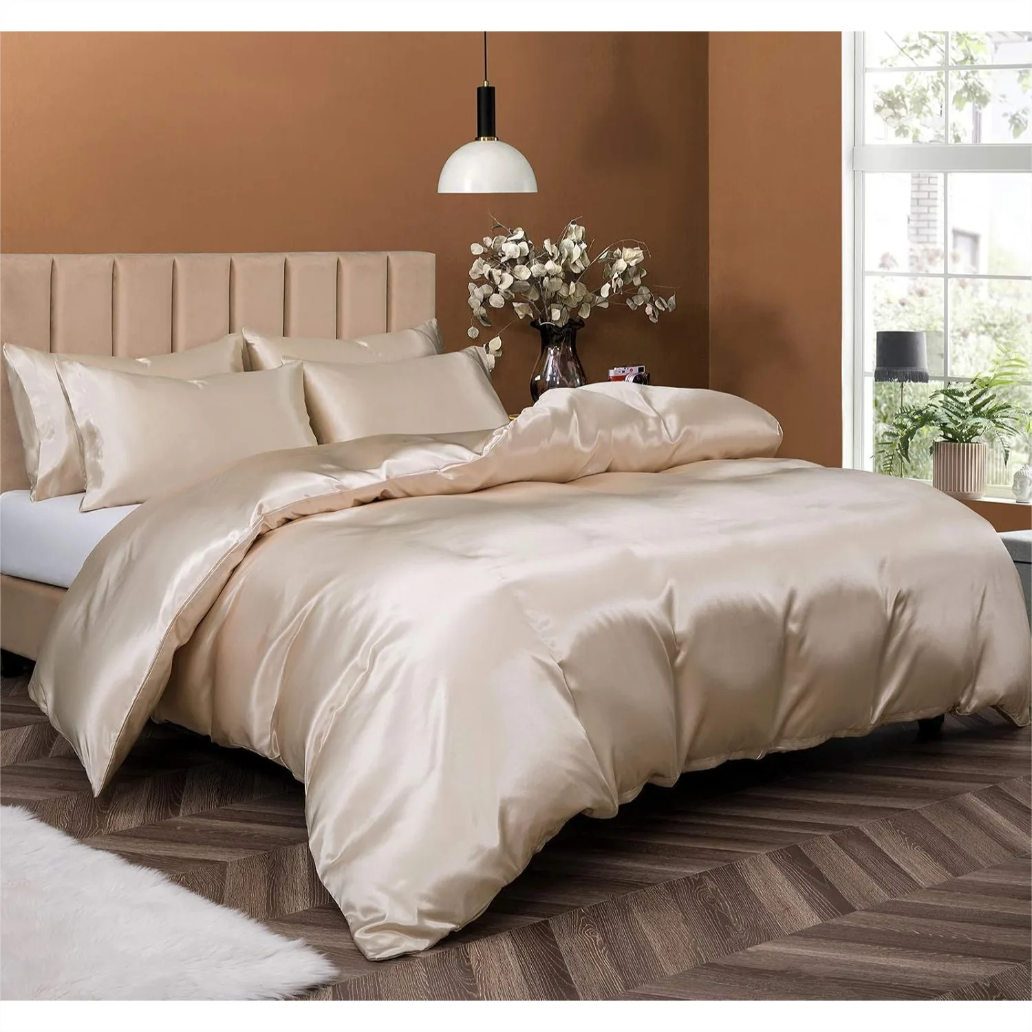 Satin Duvet Cover Full/Queen Size Set with Zipper Closure, Silky Soft Bedding Set, 1 Duvet Cover + 4 Pillow Cases (No Comforter)
