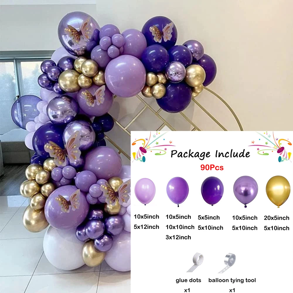 90Pcs Purple Ballon Garland Arch Kit Metallic Gold Purple Dark Light Latex Balloon Wedding Birthday Party Baby Shower Bridal Dec