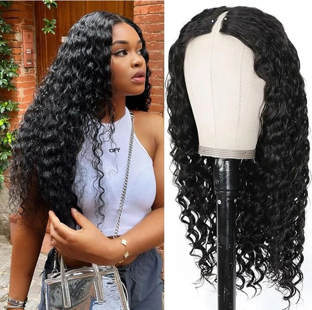 Kinky Curly V U Part 100% Human Hair Wigs For Women No Leave Out Easy Blend Thin Part Lace V Part Wig 32 Inch On Sale