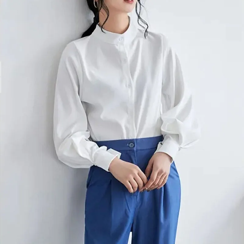 GIDYQ Vintage Chiffon Shirts Women Lantern Sleeve Black Blouses Korean Elegant Office Lady Solid Loose Casual Tops New