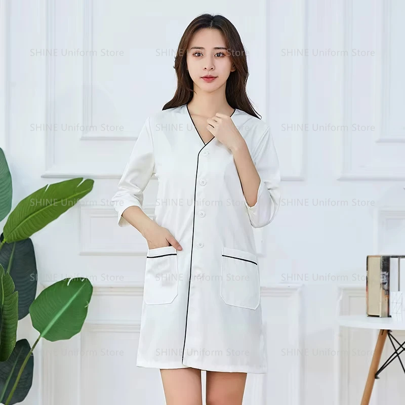 Black short beauty uniform dress white Beautician tops plus size Salon grooming clothes Lab coat logo spa uniform scrub uniform